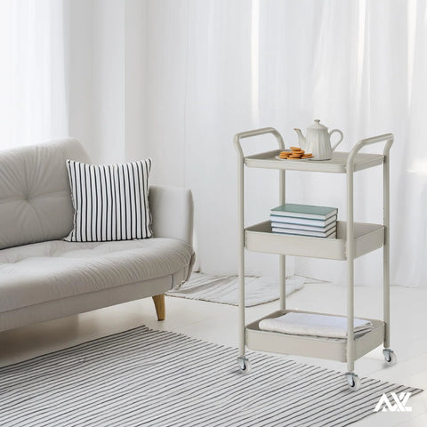 Front view of a beige three-tier rolling cart with swivel caster wheels and handles; AXL logo visible.