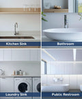 Four sinks showing kitchen, bathroom, laundry, and public restroom settings for 15-Piece Complete Bathroom Sink Drain Repair Kit.