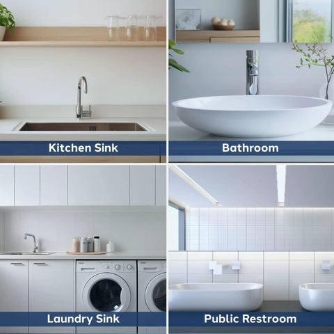 Four sinks showing kitchen, bathroom, laundry, and public restroom settings for 15-Piece Complete Bathroom Sink Drain Repair Kit.