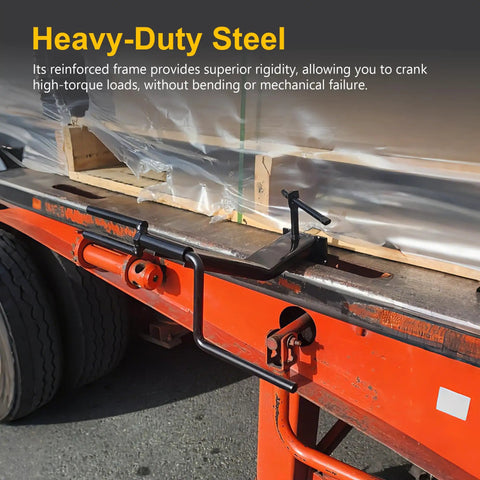 Heavy Duty Steel Cargo Strap Winder For Flatbed Trailers Portable Tie Down Roller With Industrial Powder Coat Fits Four Inch Winch Straps Corrosion Resistant Hand Winder Tool For Trucks And Warehouses mounted on orange flatbed trailer