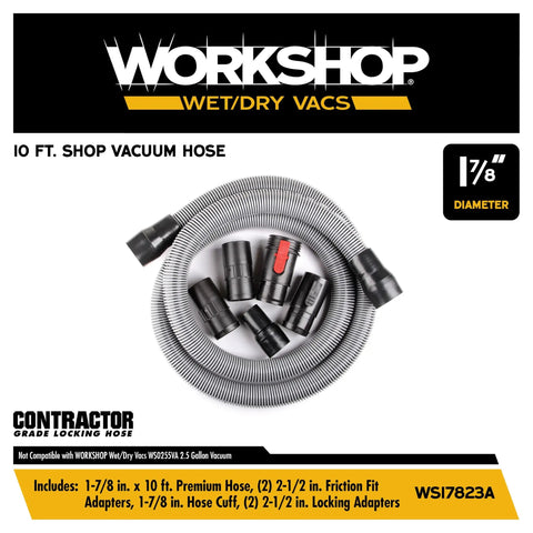 Long 1.875-Inch By 10-Foot Heavy Duty Contractor Hose For Wet Dry Shop Vacuums coiled with attachments shown