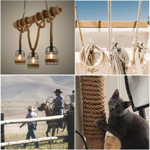 Collage showcasing uses of Rugged Heavy Duty Natural Jute Rope 1 Inch By 100 Feet Twisted Hemp Rope.