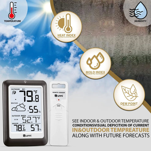 Dope Wireless Indoor Outdoor Thermometer Weather Station with Remote Sensor showing temperature and humidity data on screen.