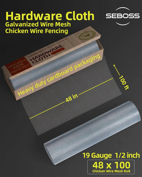 Heavy Duty One Half Inch Hardware Cloth Mesh Roll Forty Eight By One Hundred Feet 19 Gauge Hot Dip Galvanized After Welding Chicken Wire Fence Wire Mesh Rat Gopher Resistant Yard Garden in cardboard packaging