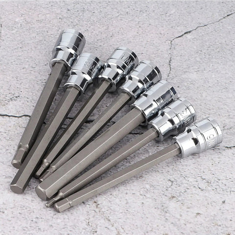 Extra Long Hex Bit Socket Set, Beefy Heavy Duty 7 Piece With 3mm 4mm 5mm 6mm 7mm 8mm 10mm Sockets, 110mm Shaft arranged on concrete