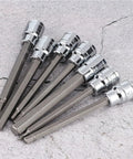 Extra Long Hex Bit Socket Set Seven Piece 3mm To 10mm Drive Repair Tool Kit In Chrome Vanadium Steel shown on concrete background