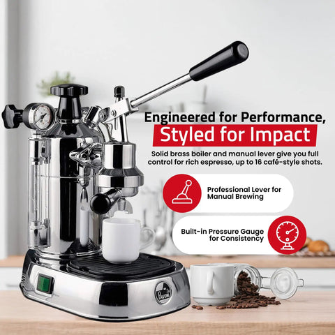 Top Tier Lever Espresso Machine With 38 Ounce Solid Brass Boiler And Dual Frothing System Chrome Finish showing manual lever and pressure gauge.