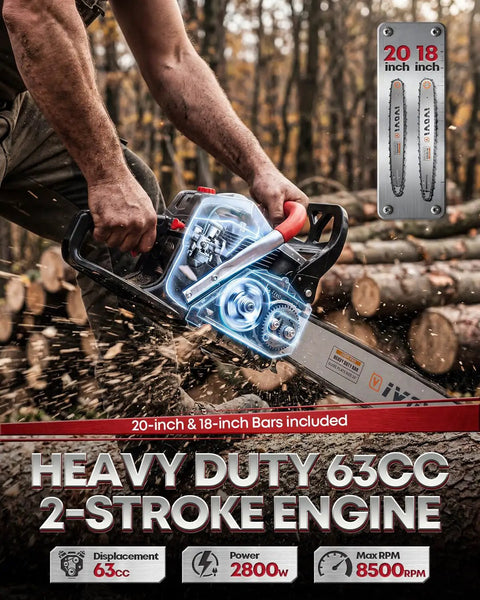 Person using Gas Powered Chainsaw With Dual 18 And 20 Inch Bars, 63Cc 3.7HP Two Stroke Engine For Fast Tree Felling, Logging And Firewood Prep