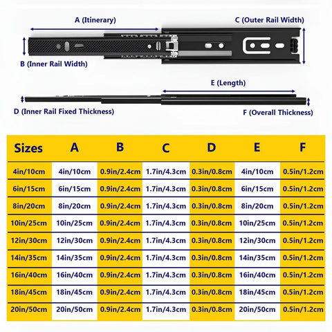 Beefy Heavy Duty Drawer Slides With Ball Bearing Runners Side Mount 1 Pair Steel Cold Rolled Construction Soft Close With Anti Collision Pads Perfect For Kitchen Drawers Dressers And Cabinet Pull Outs 4 To 20 Inches Range size chart with rail dimensions