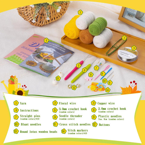 Beginner Crochet Kit Starter Set With Coasters And Plant Pot Projects, showcasing yarn, hooks, stitch markers, and instructions.