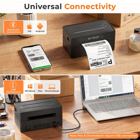 Bluetooth Thermal Shipping Label Printer 4x6 Inch, 203 DPI, Inkless For Small Business, connected to phone and laptop