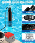 Premium Cordless Water Transfer Pump 500 GPH showing dimensions, 18V battery, and removable stainless steel strainer in pool.