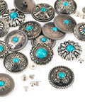 Rugged Western Zinc Alloy Conchos With Eighteen Faux Turquoise Screw Back Rivets And Tough Leathercraft Studs For Custom Boots Bags And Wraps Truly Badass Diy Hardware Kit showing decorative metal conchos with turquoise centers and screw backs.