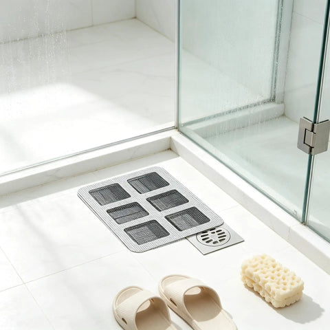 80Pcs 4x4 Disposable Hair Drain Stickers Anti Blocking on bathroom floor near shower, capturing hair and debris.