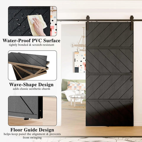 36 By 84 Inch Sliding Barn Door MDF With Waterproof Surface DIY Assembly Ready Pre Drilled Slab With Installation Hardware Kit Black Finish Durable Home Interior Room Door shown with design features