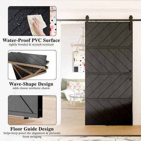 Sliding Barn Door Kit With Waterproof MDF Panel, 84 Inch Tall By 30 Inch Wide, DIY Ready With Pre Drilled Slab And Hardware, Black Finish