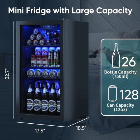 Beverage Fridge With Glass Door, 130 Can Mini Fridge And Wine And Beer Cooler, Adjustable Shelves, Digital Temperature Display