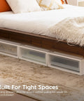 Under Bed Storage Organizer Set With 27 Qt Plastic Stackable Bins And Sliding Drawers, 4 Pack, under wooden bed.