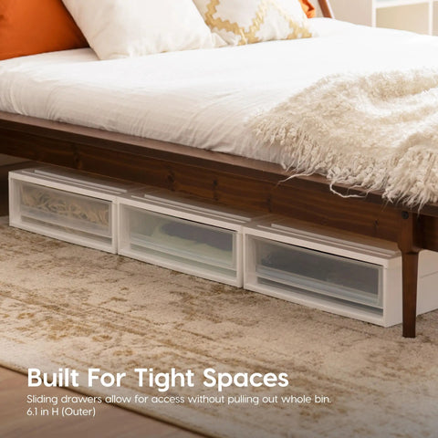 Under Bed Storage Organizer Set With 27 Qt Plastic Stackable Bins And Sliding Drawers, 4 Pack, under wooden bed.
