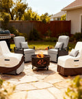 Patio chairs with Heavy Duty Waterproof Outdoor Recliner Chair Cover For Patio And Lawn, beige and brown, around fire pit