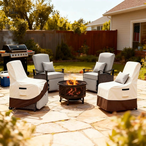 Patio chairs with Heavy Duty Waterproof Outdoor Recliner Chair Cover For Patio And Lawn, beige and brown, around fire pit