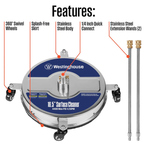 16.5 Inch Surface Cleaner Attachment 4400 PSI stainless steel, swivel wheels, quick connect, extension wands shown