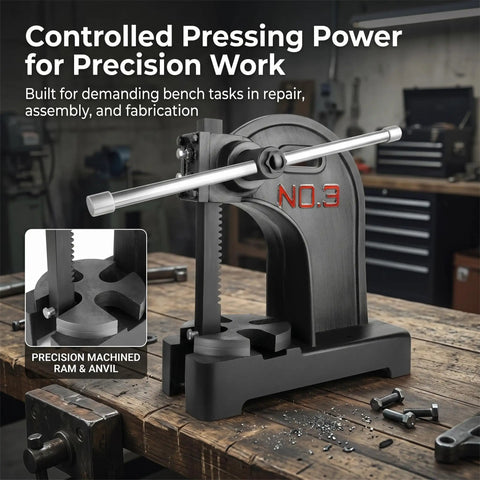 Heavy Duty Manual Arbor Press 3 Ton Desktop Punch Machine Cast Iron Hand Press for Stamping and Bending Precision Forming Tool in workshop.