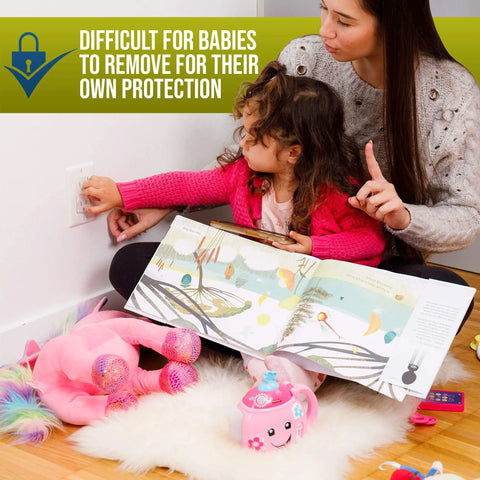 Mother and child near outlet with 32 Pack Clear Outlet Cover Plugs For Baby Proofing Durable Easy Install Kid Safe Electrical Sockets Value Pack To Block Access And Prevent Shocks At Home.