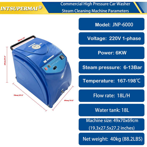Industrial Steam Cleaner Drops Smokin Hot High Pressure Steam For Auto Shop Degreasing And Fleet Maintenance With Instant Heating And Kickin 13 Bar Force To Crush Stubborn Grease On Engines And Heavy Equipment 220V, shown from a side angle with control panel and dimensions.