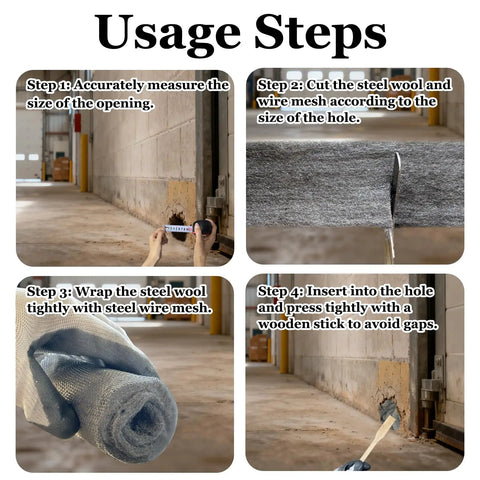 Step-by-step usage of Mice Proofing Kit No Fuss With Steel Wool 0000 And Stainless Mesh for sealing gaps in walls and garage