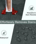 Close-up of grey fitted picnic tablecloth repelling water and ketchup with text highlighting waterproof, wipeable features.