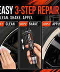 Curb Rash Buster And Ride Restorer For Gloss Black Wheels, easy 3-step repair showing cleaning, shaking, and applying the paint pen.
