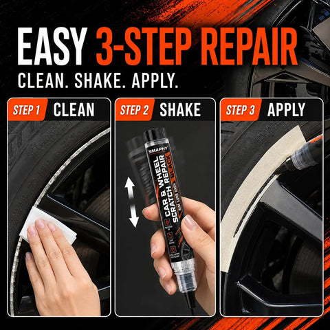 Curb Rash Buster And Ride Restorer For Gloss Black Wheels, easy 3-step repair showing cleaning, shaking, and applying the paint pen.