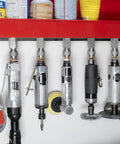 Locking Air Tool Holders Five Pack for 1/4" Pneumatic Tools mounted on metal rack under shelf with chrome finish