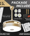 Dope Retractable 42 Inch Ceiling Fan With Remote Control Bluetooth Speaker And Smart Home Compatibility Alexa Google Home TUYA LED Lights And Three Temperature Modes Quiet Efficient Modern Gold Aluminum Design and package contents displayed