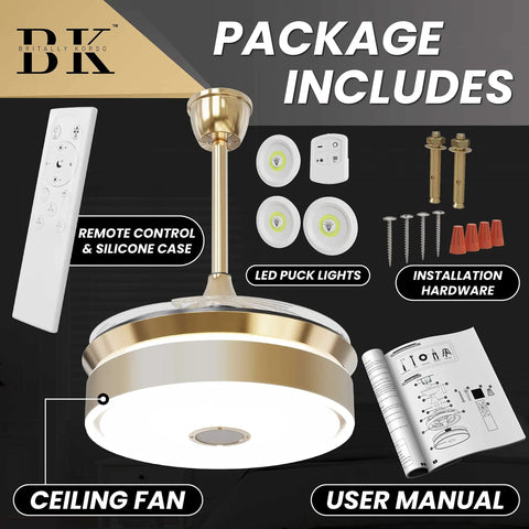 Dope Retractable 42 Inch Ceiling Fan With Remote Control Bluetooth Speaker And Smart Home Compatibility Alexa Google Home TUYA LED Lights And Three Temperature Modes Quiet Efficient Modern Gold Aluminum Design and package contents displayed