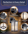 Features of the Set And Forget Dusk To Dawn Wall Mount Porch Light With Auto Photocell Sensor, heavy-duty metal frame and ribbed glass shade.