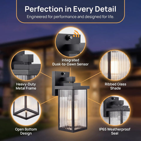 Features of the Set And Forget Dusk To Dawn Wall Mount Porch Light With Auto Photocell Sensor, heavy-duty metal frame and ribbed glass shade.