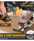 Compact Mini Belt Sander Machine For DIY Knife Sharpening And Polishing with adjustable speed and 15° angle for precision.