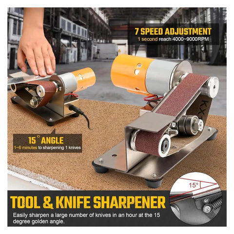 Compact Mini Belt Sander Machine For DIY Knife Sharpening And Polishing with adjustable speed and 15° angle for precision.