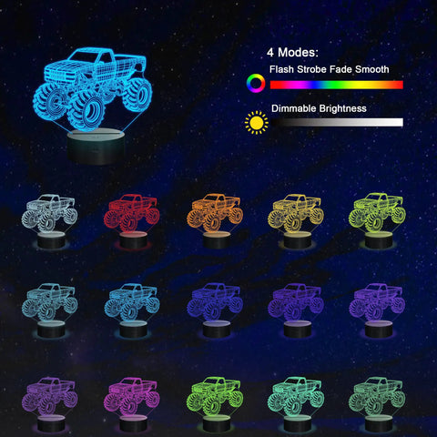 Lit 3D Monster Truck Night Light For Kids With 16 Color Changing LEDs featuring various color modes on black background