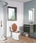 Bathroom with round toilet seat made from molded wood with zinc alloy hinges, natural finish, anti-pinch design.