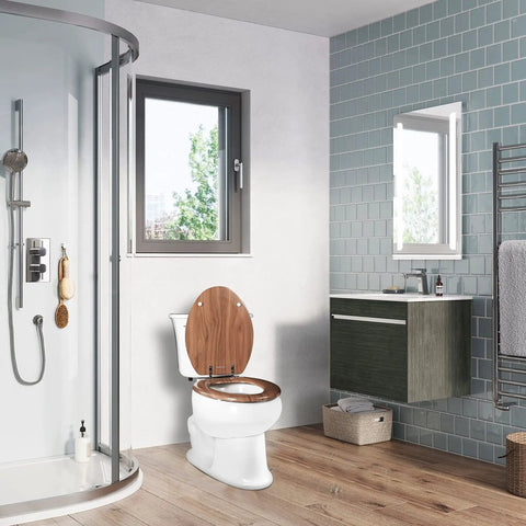 Bathroom with round toilet seat made from molded wood with zinc alloy hinges, natural finish, anti-pinch design.