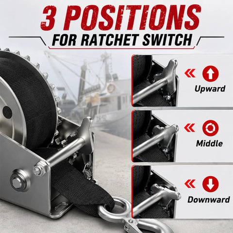 1600lbs Heavy Duty Boat Trailer Winch With 26ft Strap, Dual Direction Ratchet, 4 to 1 Gear Ratio, Portable Hand Crank Design, Perfect For Easy Towing, Loading And Recovery Of Boats, Jet Skis, And More. 3-position ratchet switch