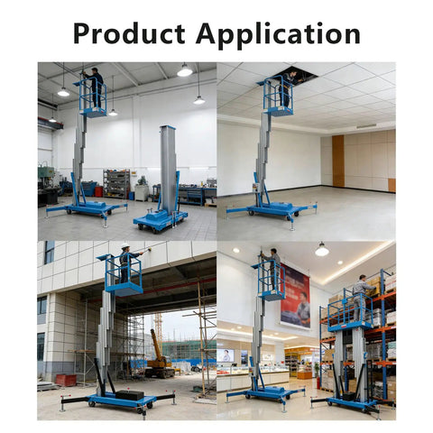 Heavy Duty Electric Scaffolding Platform With Rock Solid Manganese Steel Frame And Smooth Hydraulic Man Lift Extending From 13 To 46 Feet For Warehouse Crews Featuring Detachable Guardrails And Easy Roll Aluminum Base