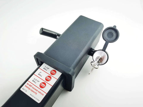 Trailer Hitch Receiver Lock With Dual Pins One Half Inch And Five Eighths Inch Bent Pin Built Tough Heavy Duty Lock For Class I Through V Hitches Right Angle Design Black Security Lock For Safer Hauling And Quick Install showing lock with key inserted