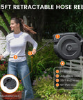 Woman using Retractable Garden Hose Reel With Five Eighth Inch Hose 115 Plus Five Feet Heavy Duty Wall Mounted Automatic Rewind 180 Degree Swivel