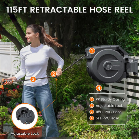 Woman using Retractable Garden Hose Reel With Five Eighth Inch Hose 115 Plus Five Feet Heavy Duty Wall Mounted Automatic Rewind 180 Degree Swivel