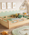 Full Size Floor Platform Bed For Toddlers With Full Length Guardrails On Three Sides Keeps Kiddo Sleepers Safe from Rolling Off
