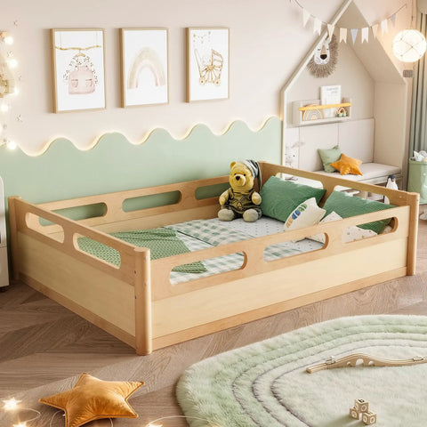 Full Size Floor Platform Bed For Toddlers With Full Length Guardrails On Three Sides Keeps Kiddo Sleepers Safe from Rolling Off